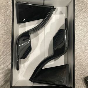 Patent Square Toe Flare Heeled Mules